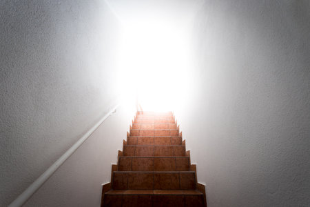 Basement stairs with balustrade. Natural bright sunlight.の写真素材