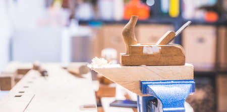 Close up of plane for smoothing timber, workshopの写真素材
