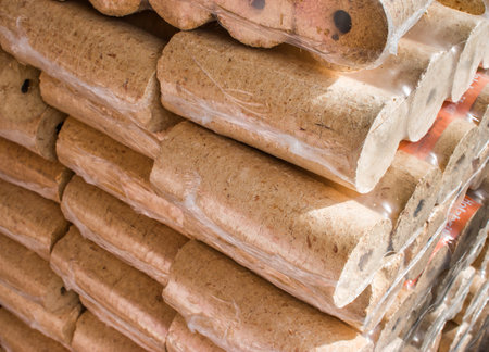 Wood briquettes for heating, packed in plastic filmの写真素材