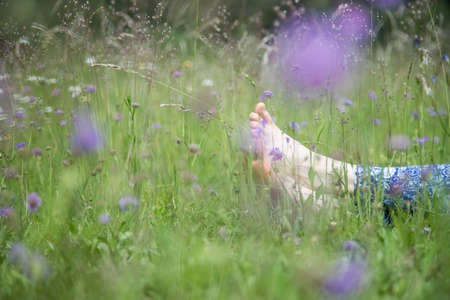 Young girl in park is lying in the grass, enjoying the dayの写真素材