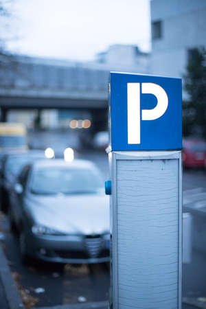 Parking machine in the city street, eveningの写真素材