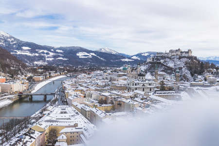 Panorama of Salzburg in winter: Snowy historical centerのeditorial素材