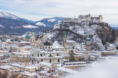 Panorama of Salzburg in winter: Snowy historical centerのeditorial素材