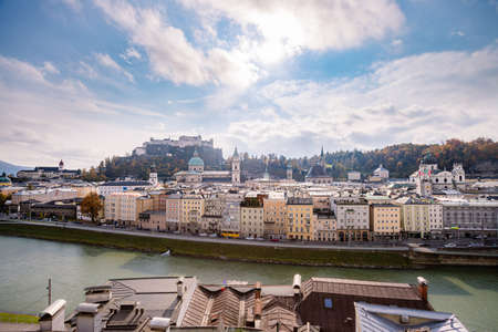 Salzburg historic district at autumn time, colorful leaves and colors with sunshine, Austriaのeditorial素材
