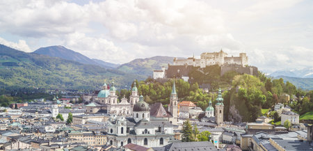 Idyllic panoramic city landscape of Salzburg in Summerのeditorial素材