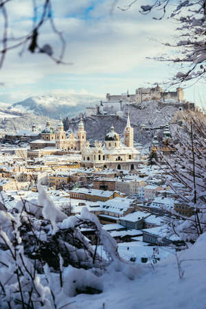 Panorama of Salzburg in winter: Snowy historical center, sunshineのeditorial素材