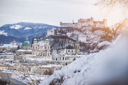 Panorama of Salzburg in winter: Snowy historical center, sunshineのeditorial素材