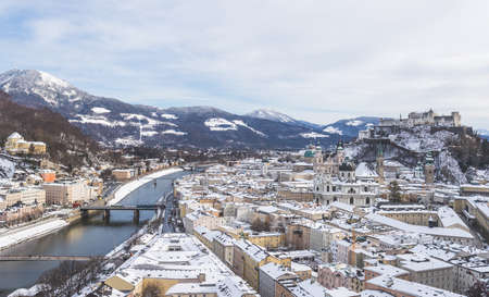 Panorama of Salzburg in winter: Snowy historical centerのeditorial素材