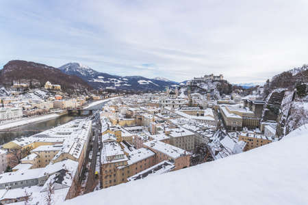 Panorama of Salzburg in winter: Snowy historical centerのeditorial素材