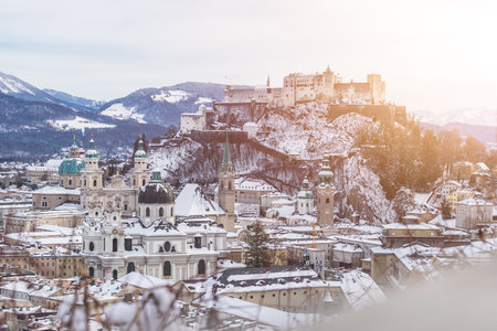 Panorama of Salzburg in winter: Snowy historical center, sunshineのeditorial素材