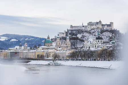 Panorama of Salzburg in winter: Snowy historical centerのeditorial素材