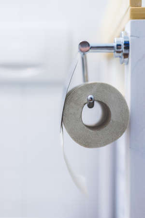 Close up of toilet paper roll on chrome hangerの写真素材