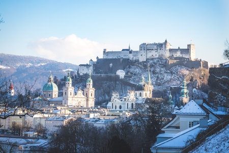 Panorama of Salzburg in winter: Snowy historical center
