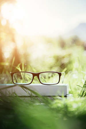Black glasses and book outdoors in the park, summer timeの写真素材