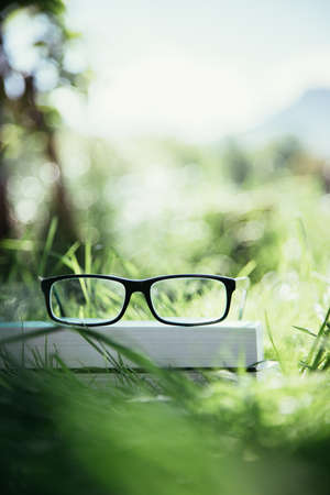 Black glasses and book outdoors in the park, summer timeの写真素材