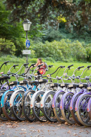 Row of bikes in rental agency, city mobilityの写真素材