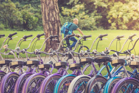 Row of bikes in rental agency, city mobilityの写真素材