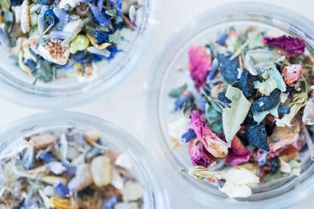 Close up picture of dried incense in a glass bowlの写真素材