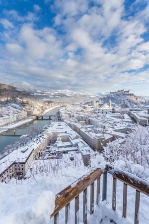 Viewpoint, Salzburg in winter: Snowy historical center, sunshineの写真素材