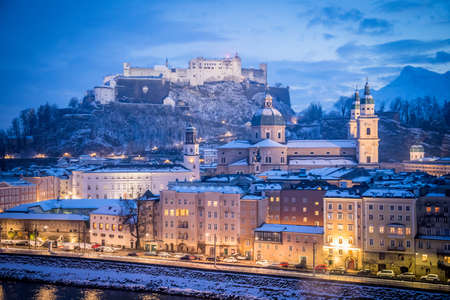 Salzburg old city at christmas time, snowy in the evening, Austriaの写真素材