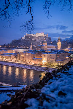 Salzburg old city at christmas time, snowy in the evening, Austriaの写真素材