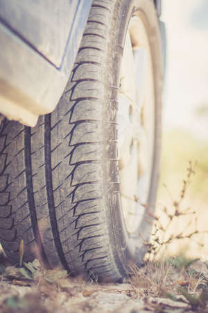 Car tire and sandy ground, desertの写真素材