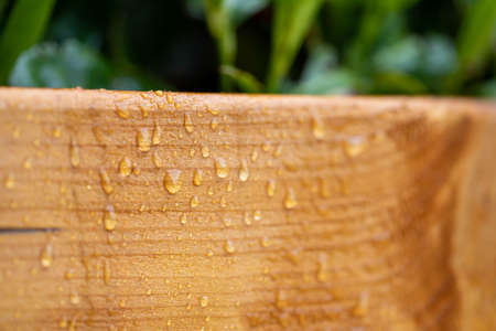 Close up of big water drops on lacquered wood after rainの写真素材