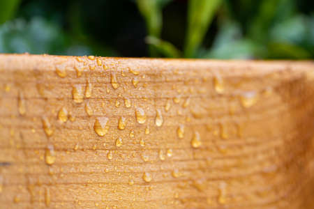 Close up of big water drops on lacquered wood after rainの写真素材