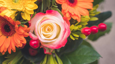 Close up of spring flower bouquet with gerbera and rosesの写真素材