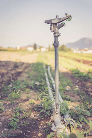 Irrigation plant on an agriculture field, summer day, soilの写真素材