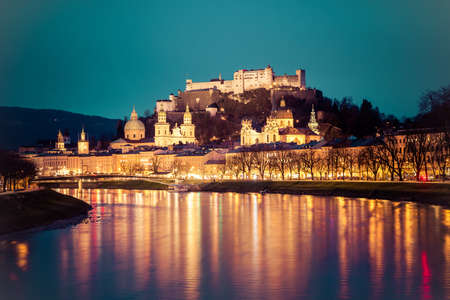 Salzburg old city, fortress, cathedral and salzach on dusk, twilight hourのeditorial素材