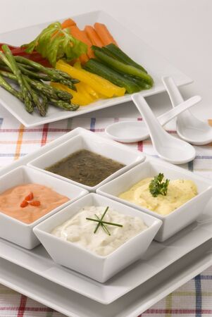 Mayonnaise cheese vinaigrette and cocktail sauces in sauceboats  Salad dressing  Selective focus の写真素材