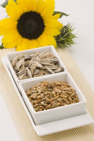 Dried sunflower seeds in square white bowls の写真素材