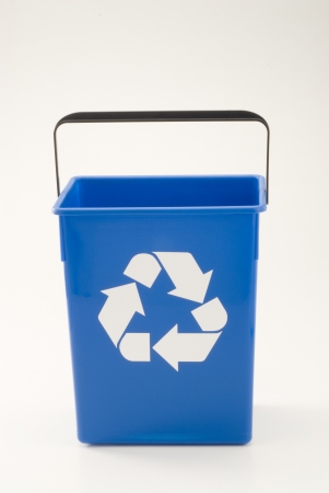 Empty blue recycling bin  White background の写真素材
