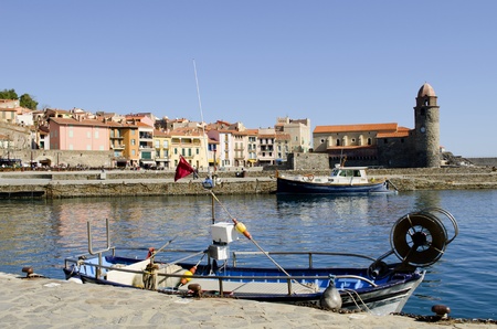 Collioure,  Languedoc Rousillon, Pyrennes Orientales Department, France, Mediterranean Sea, Cote Vermeille, Vermeillon Coast Area,  Fishing Harbour and Eglise Notre Dame des Angesのeditorial素材