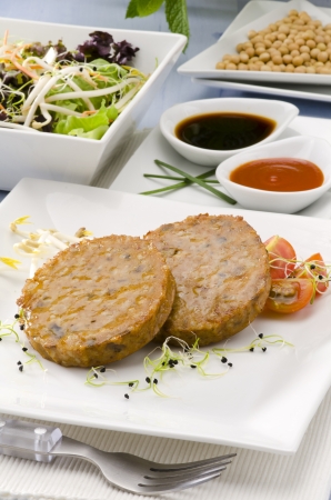 Vegetarian tofu burger on a ceramic plate. Soy products. Focus on foreground.の写真素材