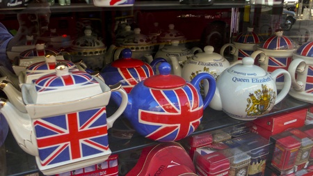 London, United Kingdom - July 19, 2013: View of a shop window at Shaftesbury Avenue, shows a variety of London souvenirsのeditorial素材