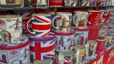 London, United Kingdom - July 19, 2013: View of a shop window at Shaftesbury Avenue, shows a variety of London souvenirsのeditorial素材