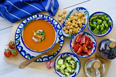 Spanish Cuisine. Gazpacho. Andalusian cold soup served in a ceramic bowl. Taken in daylight.の写真素材