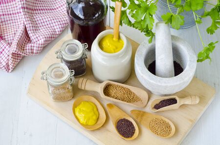 Herbs and Spices. Mustard sauce and mustard seeds. Selective focus. Taken in daylight.の写真素材