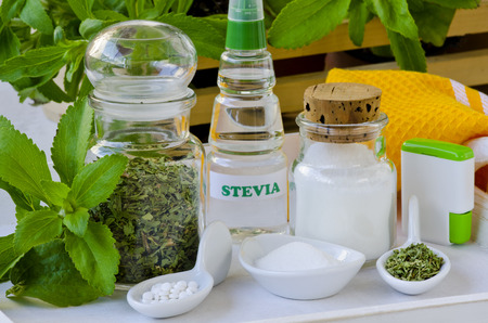 Variety of Stevia Products. Natural Sweetener. Selective Focus. Taken in daylight.の写真素材