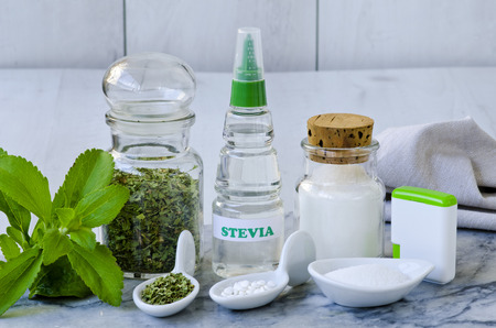 Variety of Stevia Products. Natural Sweetener. Selective Focus. Taken in daylight.の写真素材