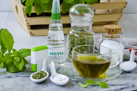 Variety of Stevia Products. Natural Sweetener. Selective Focus. Taken in daylight.