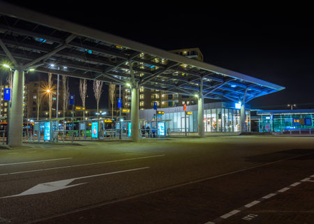 Bus and train station in the evening at Alphen aan den Rijn, Netherlandsのeditorial素材