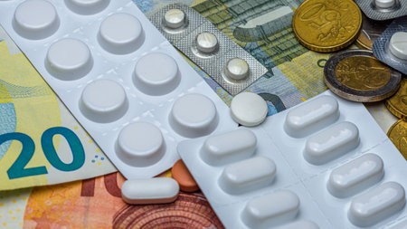 Different pills capsules on banknotes. Concept of expensive medicines and medical insurance.の写真素材