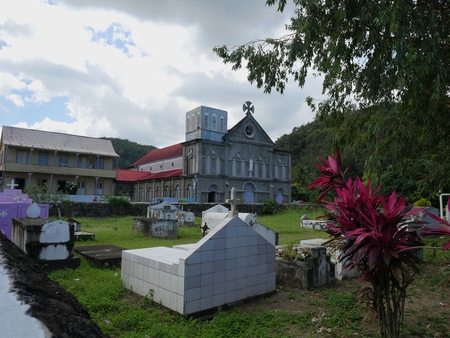 Wide shot of the old graveyard and church of the Assumption in St. Lucia, Caribbean Islandsの写真素材