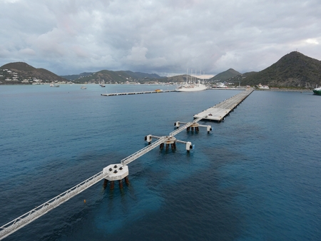 View approaching Philipsburg Harbor, Dutch side of St Martin, Caribbean Islandsの写真素材