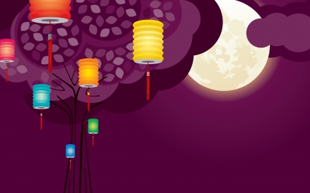 Chinese lantern in purple full moon nightのイラスト素材