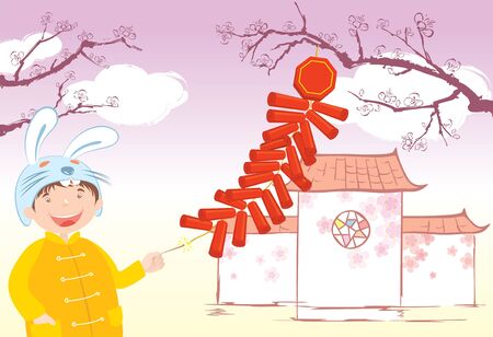 Boy celebrates Chinese New year with Rabbit hatのイラスト素材