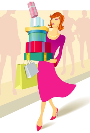 Woman carrying a stack of presents   bagsのイラスト素材